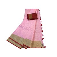 SheenKraft Women`s Bhagalpuri Blend Linen saree with Contrast Blouse Piece_Free Size (Variation 10168-180) (Gold-Light P-Red Striped)