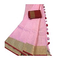 SheenKraft Women`s Bhagalpuri Blend Linen saree with Contrast Blouse Piece_Free Size (Variation 10168-180) (Gold-Light P-Red Striped)