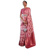 SWORNOF Womens Organza Woven Designer Saree with Unstitched Blouse With Boluse Piece PINK