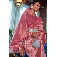 SWORNOF Womens Organza Woven Designer Saree with Unstitched Blouse With Boluse Piece PINK