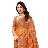 Sidhidata Womens Kota Doria Cotton Manipuri Jacquard Boarder Saree With Unstitched Blouse Piece Box Butta OrangeOrangeFree Si