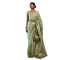 SWORNOF Womens Silk Saree with Zari Woven Saree With Blouse Piece Pista