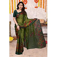 MIRCHI FASHION Womens Plain Weave Chiffon Floral Printed Saree with Blouse Piece 38705Perot Green Red