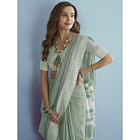 SIRIL Womens Self Woven Jacquard Border Cotton Saree with Unstitched Blouse3095S734Light Green White