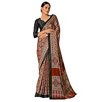 AKHILAM Womens Brown Digital Print Satin Crepe Saree With Unstitched Blouse Piece