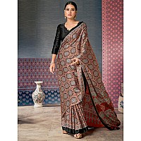 AKHILAM Womens Brown Digital Print Satin Crepe Saree With Unstitched Blouse Piece