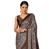 AKHILAM Womens Brown Digital Print Satin Crepe Saree With Unstitched Blouse Piece