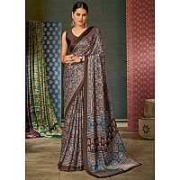 AKHILAM Womens Brown Digital Print Satin Crepe Saree With Unstitched Blouse Piece