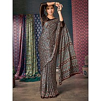 AKHILAM Womens Brown Digital Print Satin Crepe Saree With Unstitched Blouse Piece