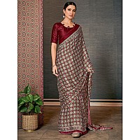 AKHILAM Womens Maroon Digital Print Crepe Saree With Unstitched Blouse Piece