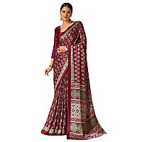 AKHILAM Womens Magenta Digital Print Crepe Saree With Unstitched Blouse Piece