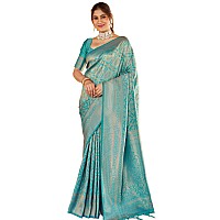 SWORNOF Womens Kanjivaram Banarasi Silk Patola Woven Design Saree With Unstitched Blouse Piece SEA BLUE