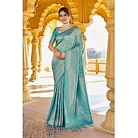 SWORNOF Womens Kanjivaram Banarasi Silk Patola Woven Design Saree With Unstitched Blouse Piece SEA BLUE