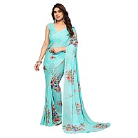 SICHI Womens Geoegette Floral Print Saree with Unstitched Blouse Piece (3112S2155N_Sky Blue)