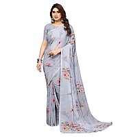 SICHI Womens Geoegette Floral Print Saree with Unstitched Blouse Piece (3112S2152N_Grey)