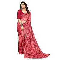 SICHI Womens Geoegette Floral Print Saree with Unstitched Blouse Piece (3112S2153N_Maroon)