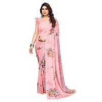 SICHI Womens Geoegette Floral Print Saree with Unstitched Blouse Piece (3112S2151N_Pink)