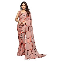 SICHI Womens Geoegette Floral Print Saree with Unstitched Blouse Piece (3112S2154N_Light Brown)