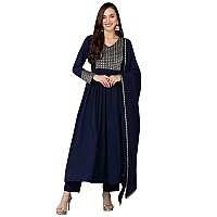 Vaamsi Womens Georgette Solid Yoke Design Flared Kurta Pant with Dupatta (PKSKD1850_Navy Blue_4XL)