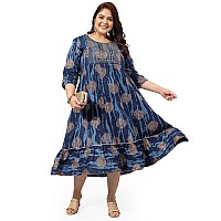 Mirchi Fashion Womens Aline Cotton Sequins Embroidery Work Foil Printed Plus Size Kurti Only Mpk9265Blue Golden4Xl