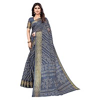 Yashika Womens Linen Jari Printed Grey Color Saree With Blouse Piece(JETPURI GREY)