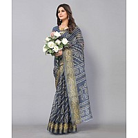 Yashika Womens Linen Jari Printed Grey Color Saree With Blouse Piece(JETPURI GREY)