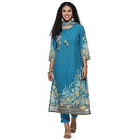 BIBA WOMEN PRINTED STRAIGHT SALWAR KURTA DUPATTA(SKDASSORTED7483E_TURQUOISE_34)