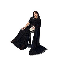 Yashika Womens Georegtte With Jari Printed Black Color Saree With Blouse Piece(RIVA BLACK)