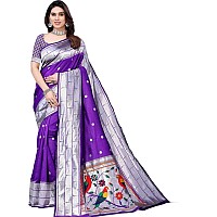 SATIKA RITI Womens Paithani Kanjivaram Pure Silk Handloom Saree Pure Silver Zari With Blouse Piece (Violet)