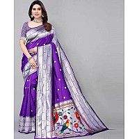 SATIKA RITI Womens Paithani Kanjivaram Pure Silk Handloom Saree Pure Silver Zari With Blouse Piece (Violet)