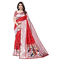 SATIKA RITI Womens Paithani Kanjivaram Pure Silk Handloom Saree Pure Silver Zari With Blouse Piece (Red)