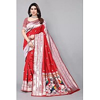 SATIKA RITI Womens Paithani Kanjivaram Pure Silk Handloom Saree Pure Silver Zari With Blouse Piece (Red)