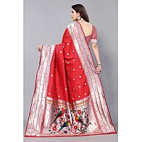 SATIKA RITI Womens Paithani Kanjivaram Pure Silk Handloom Saree Pure Silver Zari With Blouse Piece (Red)