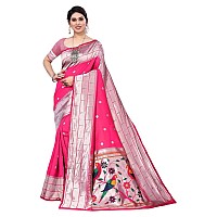 SATIKA RITI Womens Paithani Kanjivaram Pure Silk Handloom Saree Pure Silver Zari With Blouse Piece (Pink)