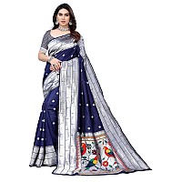 SATIKA RITI Womens Paithani Kanjivaram Pure Silk Handloom Saree Pure Silver Zari With Blouse Piece (Navy Blue)