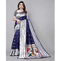 SATIKA RITI Womens Paithani Kanjivaram Pure Silk Handloom Saree Pure Silver Zari With Blouse Piece (Navy Blue)