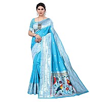 SATIKA RITI Womens Paithani Kanjivaram Pure Silk Handloom Saree Pure Silver Zari With Blouse Piece (Light Blue)