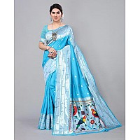 SATIKA RITI Womens Paithani Kanjivaram Pure Silk Handloom Saree Pure Silver Zari With Blouse Piece (Light Blue)