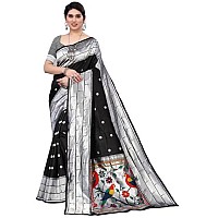 SATIKA RITI Womens Paithani Kanjivaram Pure Silk Handloom Saree Pure Silver Zari With Blouse Piece (Black)