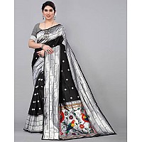 SATIKA RITI Womens Paithani Kanjivaram Pure Silk Handloom Saree Pure Silver Zari With Blouse Piece (Black)