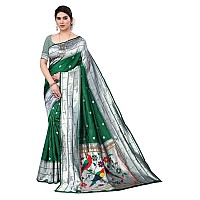 SATIKA RITI Womens Paithani Kanjivaram Pure Silk Handloom Saree Pure Silver Zari With Blouse Piece (Green)