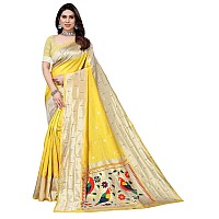 SATIKA RITI Womens Paithani Kanjivaram Pure Silk Handloom Saree Pure Silver Zari With Blouse Piece (Yellow)