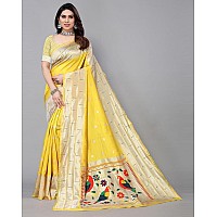 SATIKA RITI Womens Paithani Kanjivaram Pure Silk Handloom Saree Pure Silver Zari With Blouse Piece (Yellow)