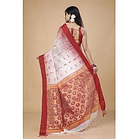 OISHANI SAREE GHOR Womens Traditional Bengal Soft Cotton Silk Handloom Saree (White Red)