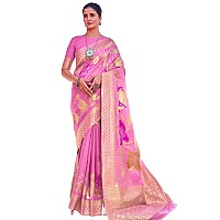 SWORNOF Womens Organza Woven Designer Saree with Unstitched Blouse With Boluse Piece BABY PINK