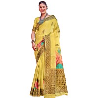 SWORNOF Womens Organza Woven Designer Saree with Unstitched Blouse With Boluse Piece YELLOW