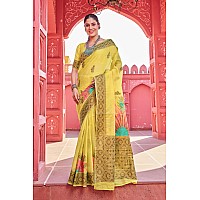 SWORNOF Womens Organza Woven Designer Saree with Unstitched Blouse With Boluse Piece YELLOW