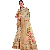 SWORNOF Womens Organza Woven Designer Saree with Unstitched Blouse With Boluse Piece CREAM