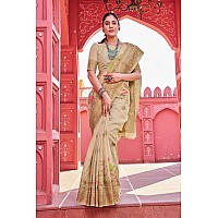 SWORNOF Womens Organza Woven Designer Saree with Unstitched Blouse With Boluse Piece CREAM