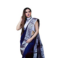 Twixxle Womens Banarasi Silk Saree Kanjivaram Style with Blouse Piece (Blue-Silver)